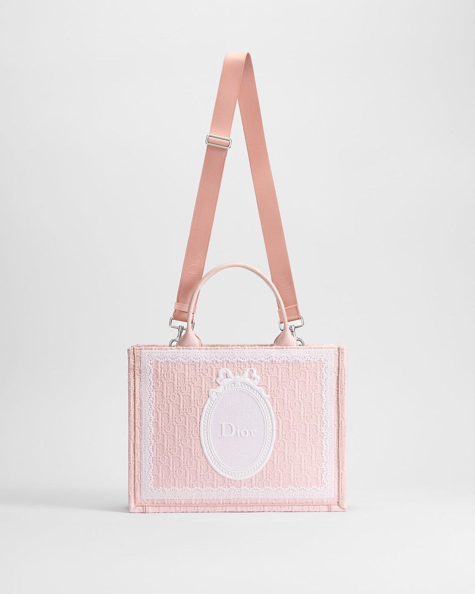 Dior Dioramour Medium Book Tote in pink Dior Oblique jacquard with lace frame – view 2