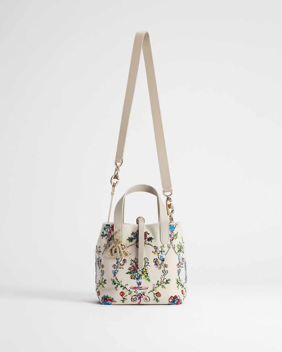 Thumbnail: Dior Dioriviera Small Toujours Vertical Tote in multicolor Dior Arabesque embroidery – front view with strap