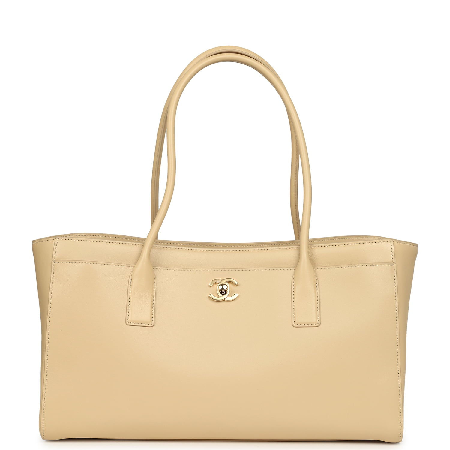 Chanel Small Cerf tote in beige calfskin with gold-tone CC turnlock and dual rolled handles