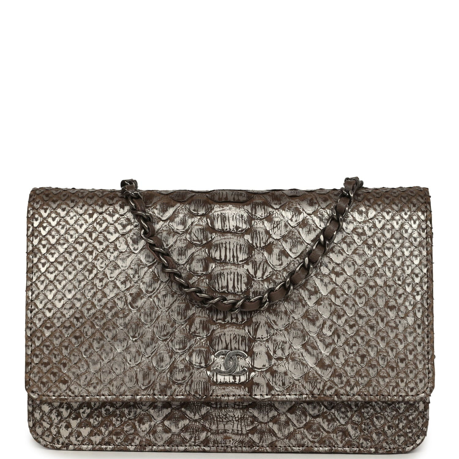 Front view of the wallet on chain in silver and brown aged python skin