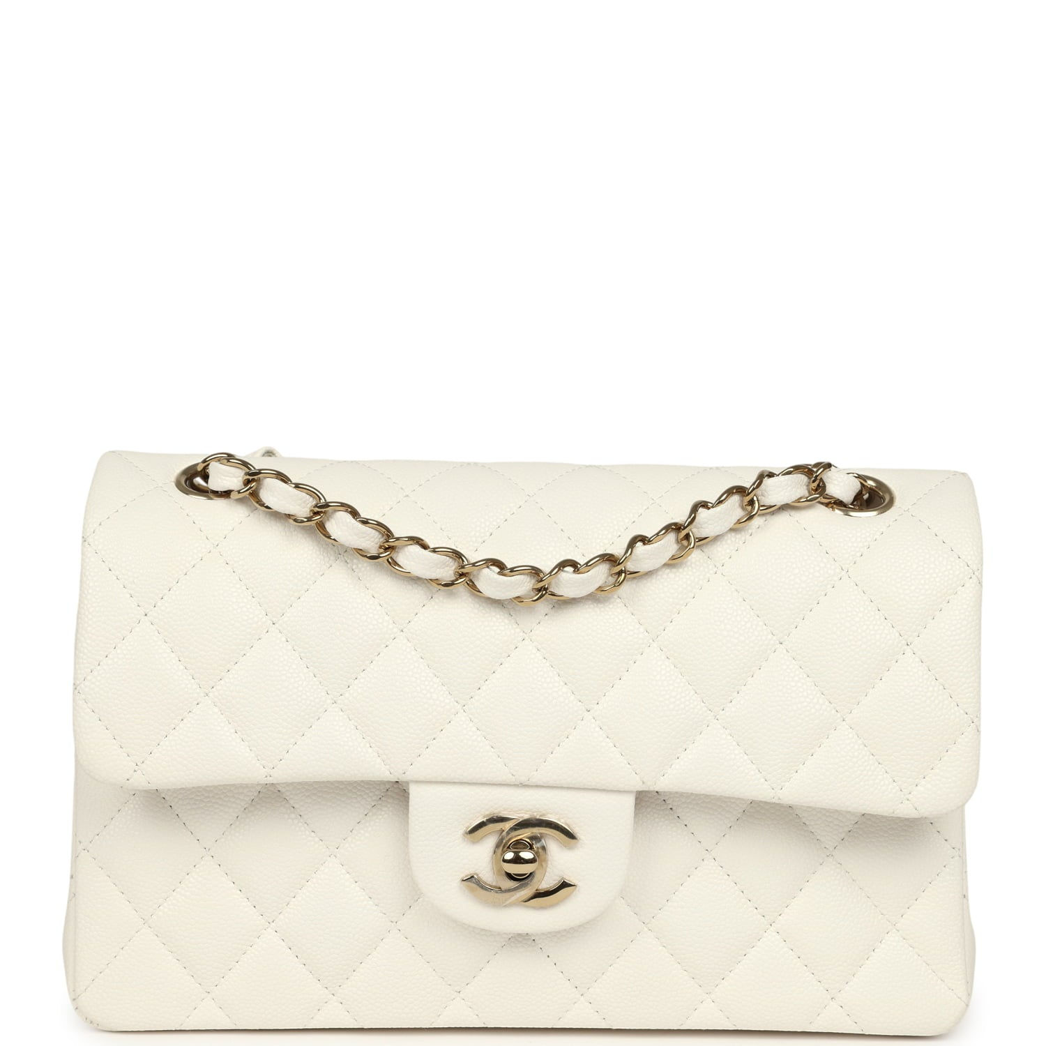 Chanel Small Classic Double Flap bag in off-white caviar, front view with light gold chain strap
