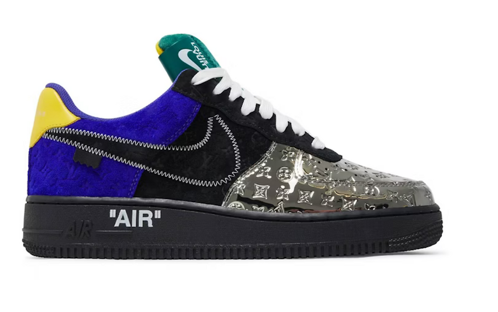 Thumbnail: Side view with black Nike swoosh and AIR text on LV Air Force 1 Low sneaker
