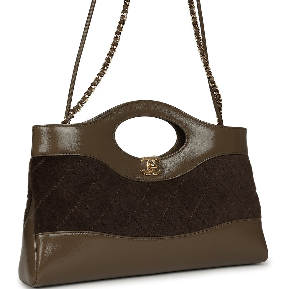 Angled front view of the dark khaki 31 Shopper showing the gold CC turn-lock