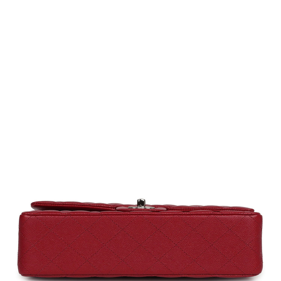 Thumbnail: Base view of the bag showing the quilted red caviar and turnlock foot detail