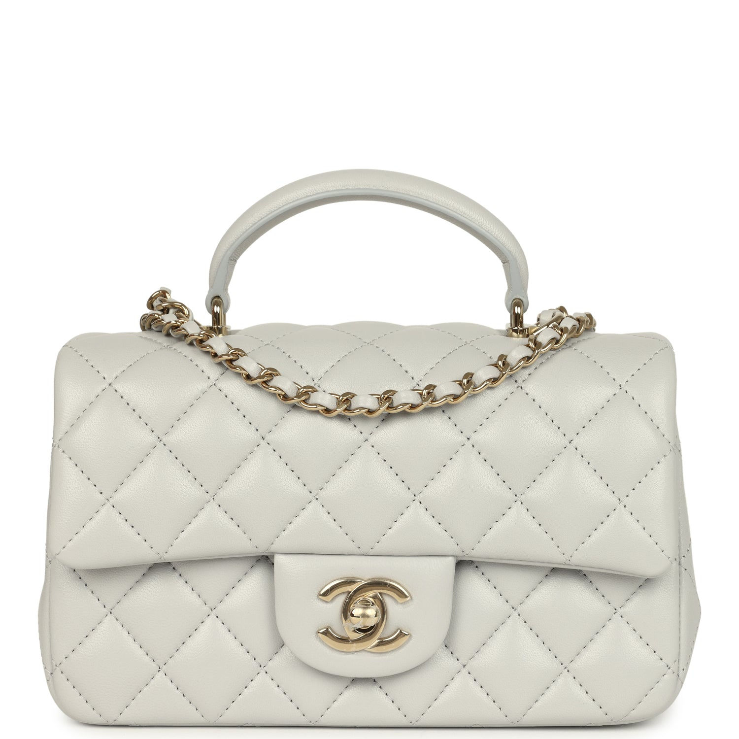 Chanel Mini Rectangular Flap Bag with Top Handle in light grey lambskin, front view