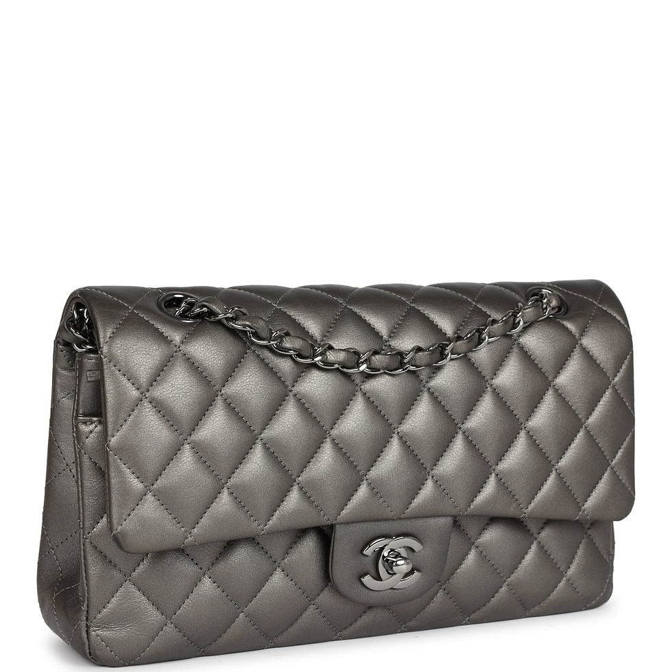 Side-angled view of the metallic grey Chanel Medium Flap showing the quilting and turnlock