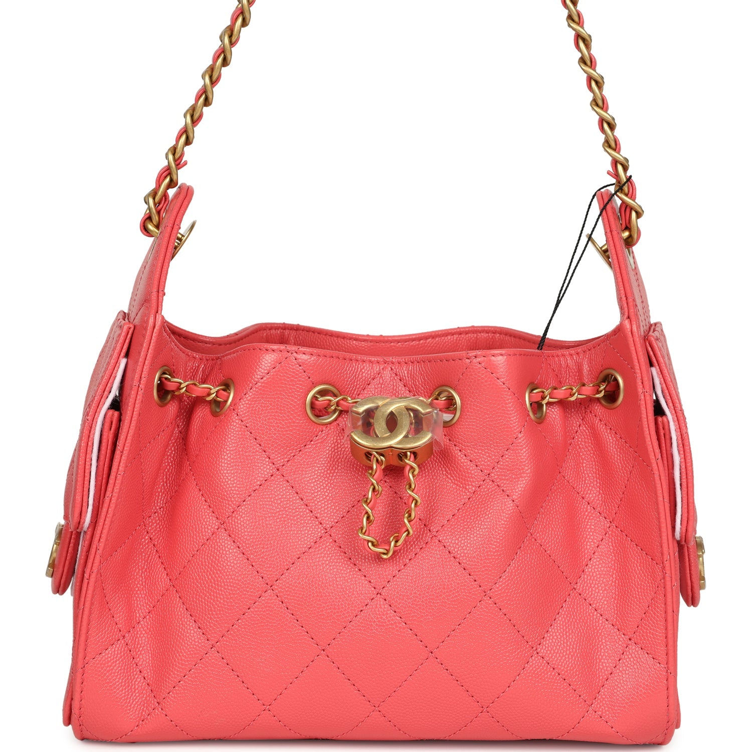 Chanel 25 Mini hobo bag in coral pink caviar leather with antique gold-tone chain straps
