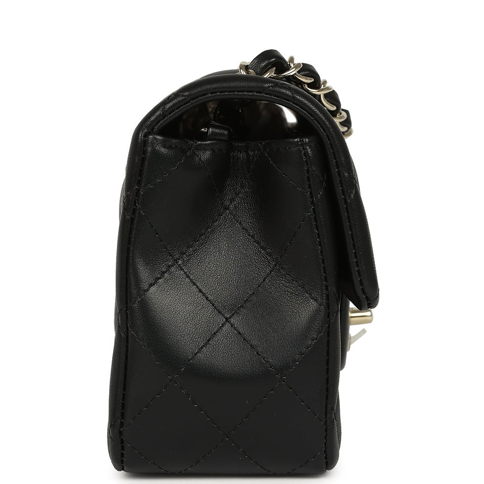 Thumbnail: Side profile of the black lambskin Chanel Mini Rectangular Flap bag