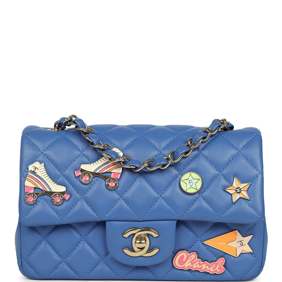 Front view of the Chanel Hollywood Charms Flap Bag in blue lambskin with enamel roller-skate charms