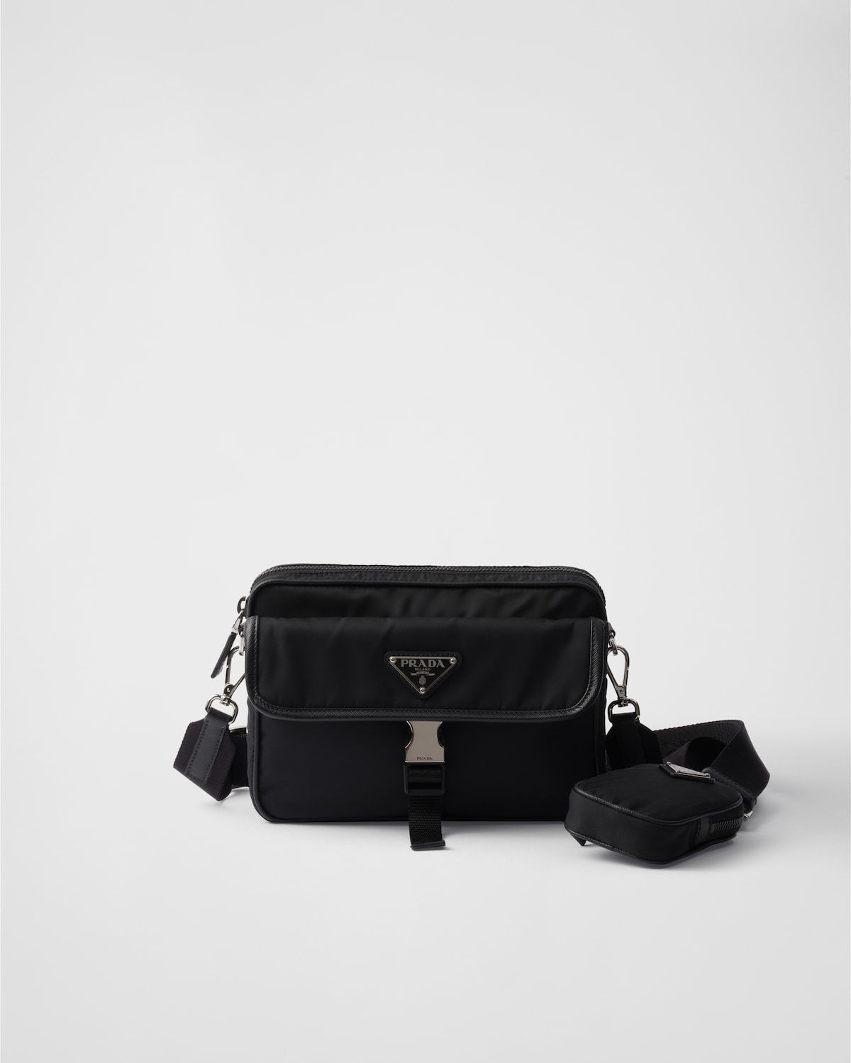 Prada flap shoulder bag with mini pouch in black Re-Nylon and Saffiano leather – front view