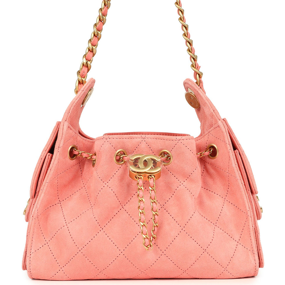 Chanel Mini 25 Hobo Bag in coral pink suede, front view with drawstring and gold CC turnlock