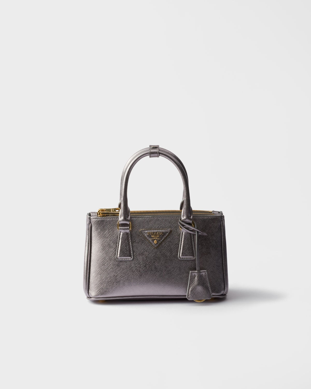 Prada Galleria elongated mini bag in chrome patent Saffiano leather – front view