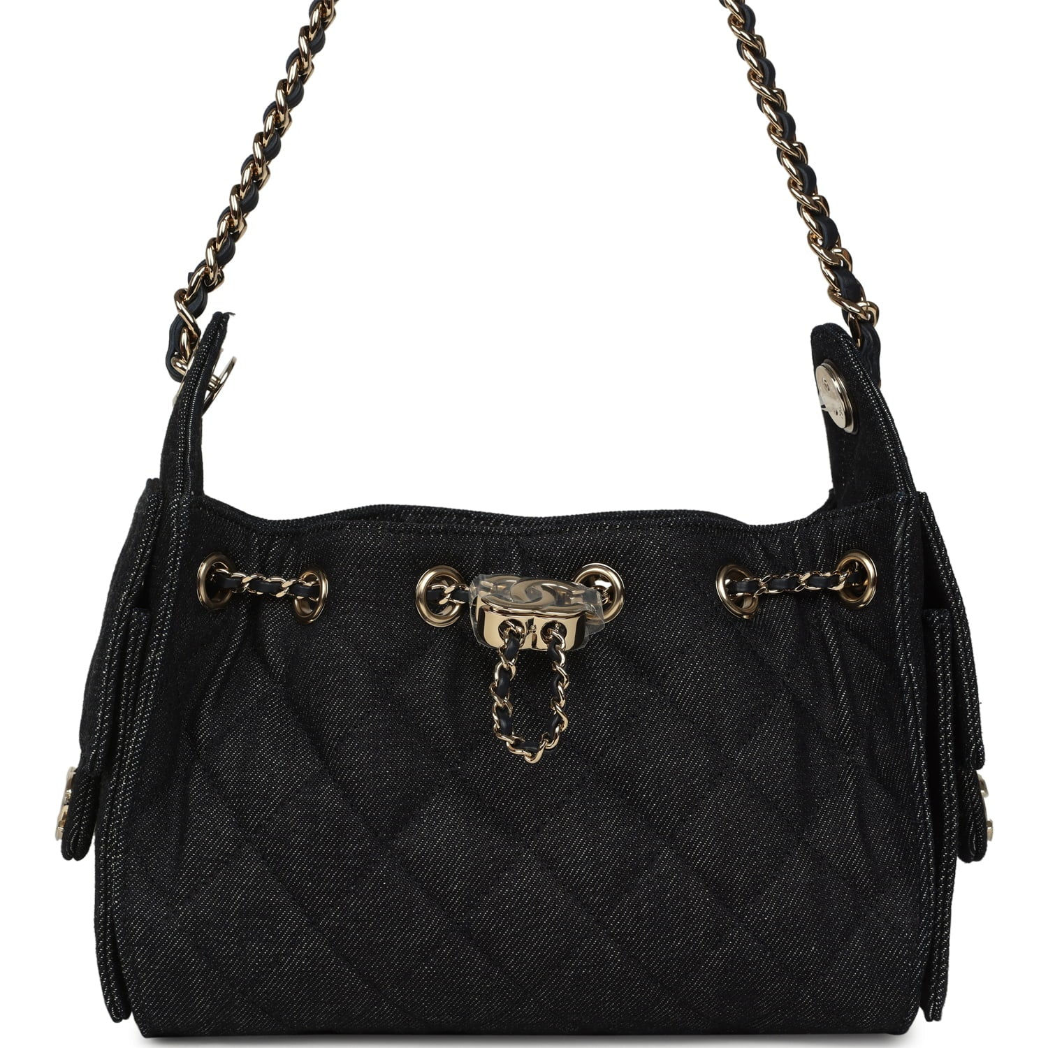 Chanel 25 Mini hobo bag in dark blue washed denim with light gold-tone chain straps
