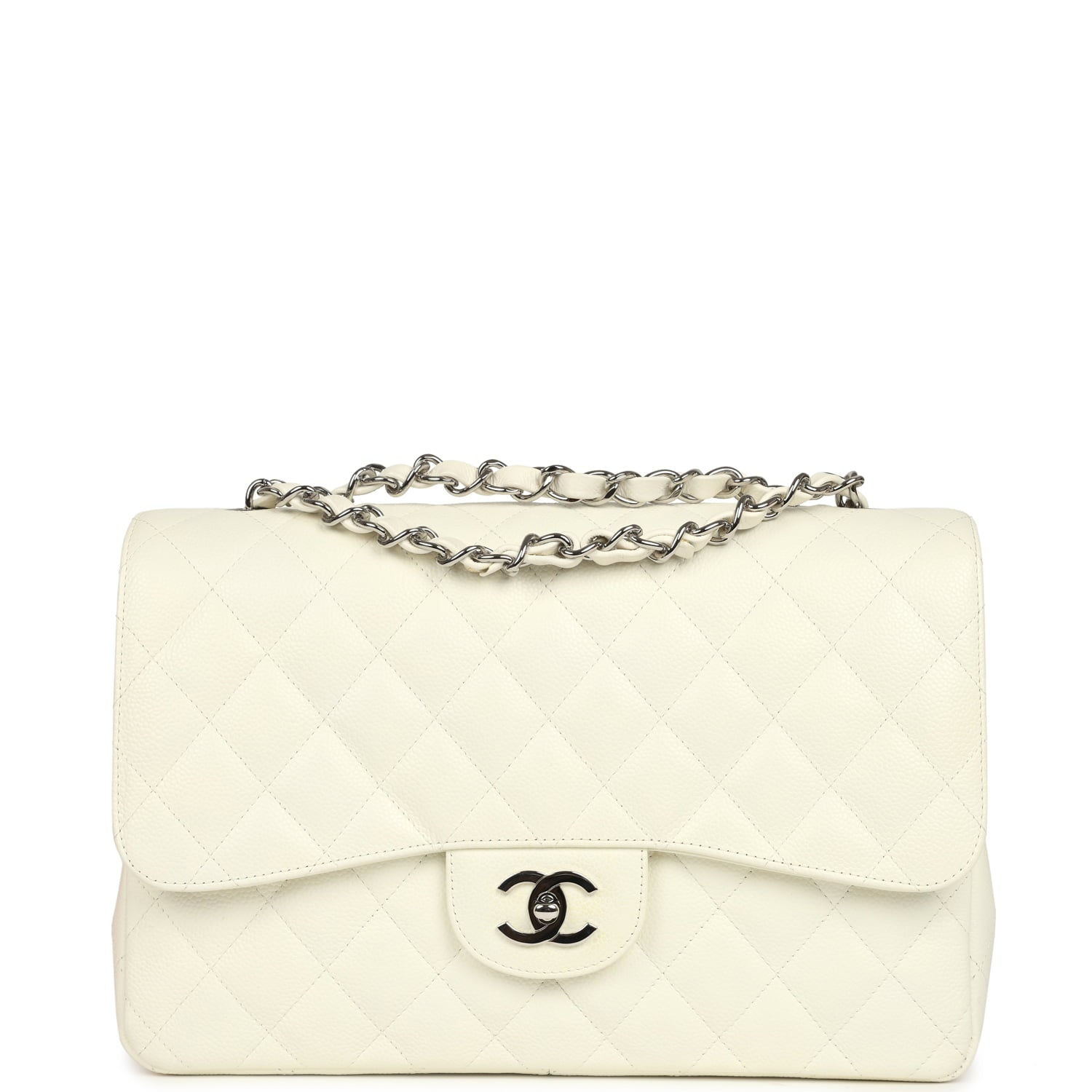 Front view of the white caviar Chanel Jumbo flap with silver CC turnlock and quilted chain strap