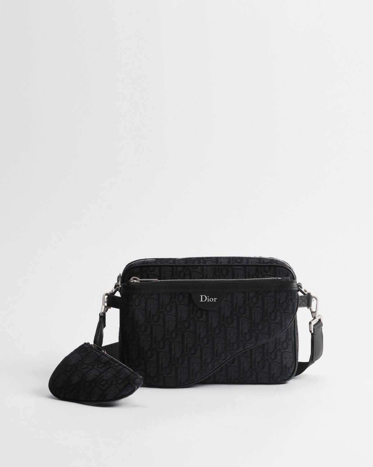 Dior Saddle Triple Pouch in black cotton and calfskin – front view with nano pouch