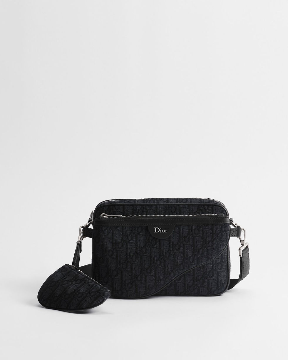 Dior Saddle Triple Pouch in black cotton and calfskin – front view with nano pouch