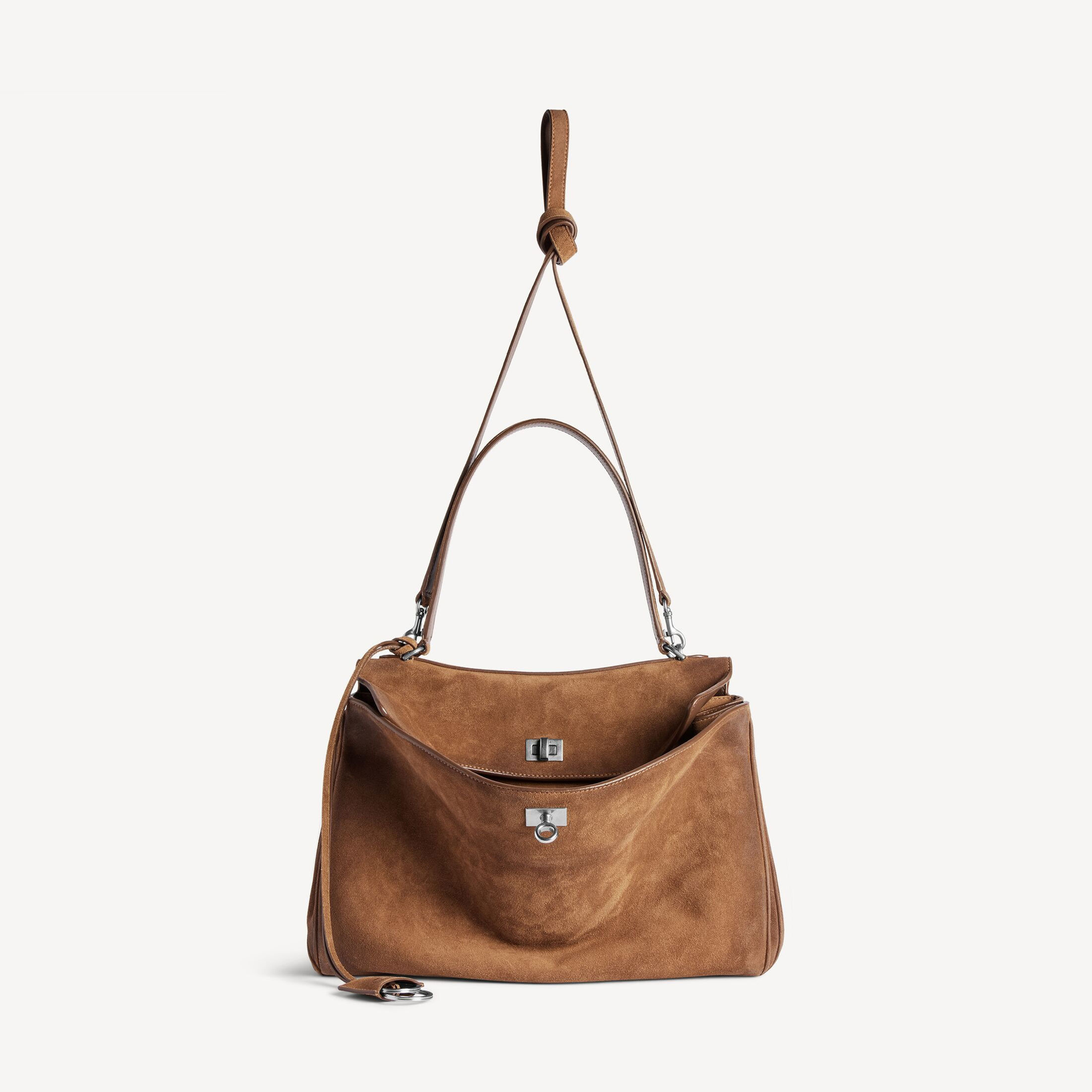 Balenciaga Rodeo Small handbag in camel suede, front view with shoulder strap
