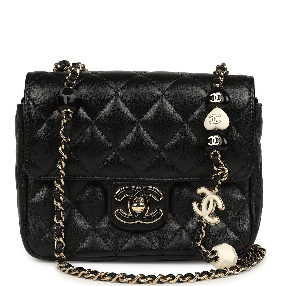 Front view of the Chanel Heart Charms Mini Square Flap Bag in black lambskin with enamel heart charms
