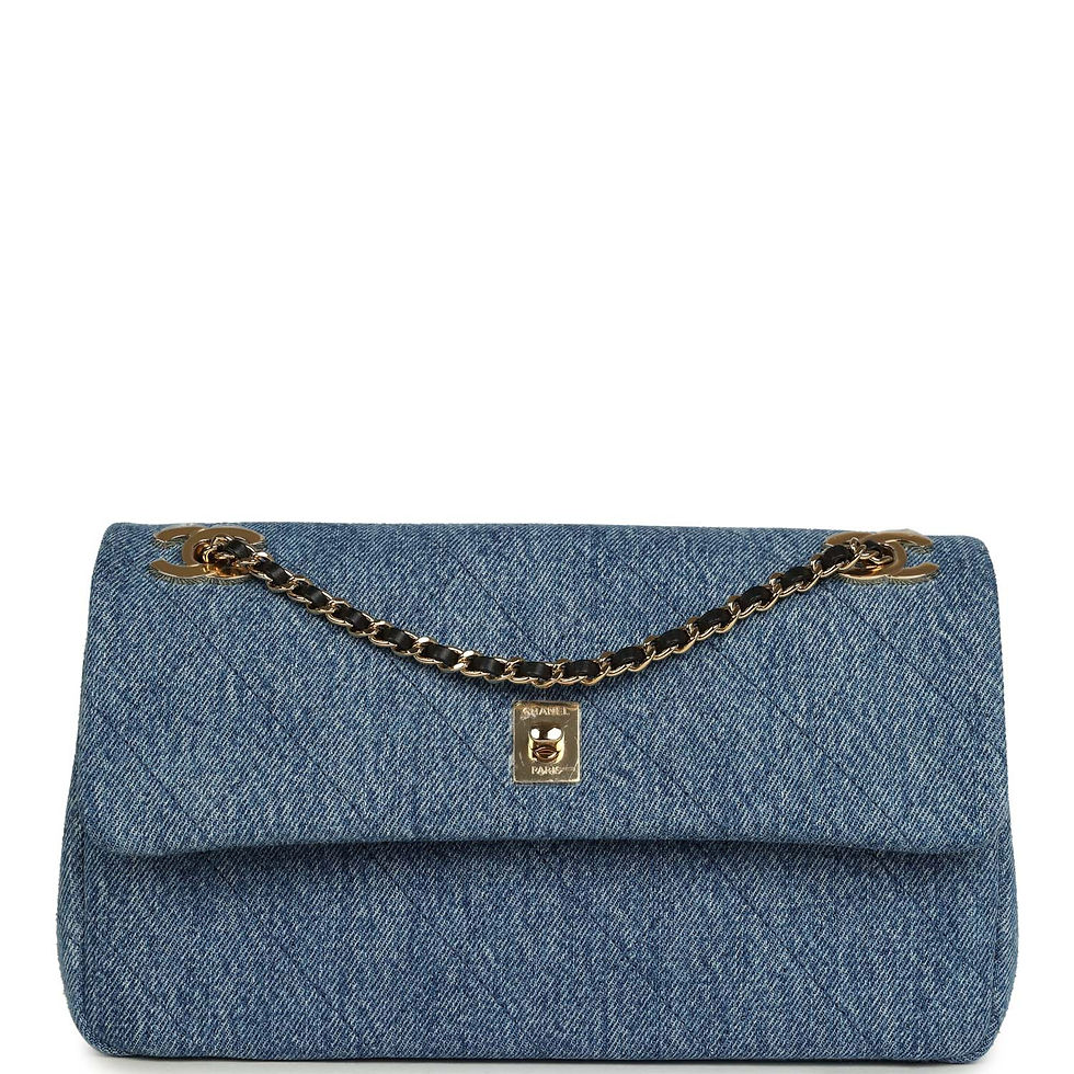 Front view of the Chanel Eyes on You flap bag in blue quilted denim with its gold-tone plaque