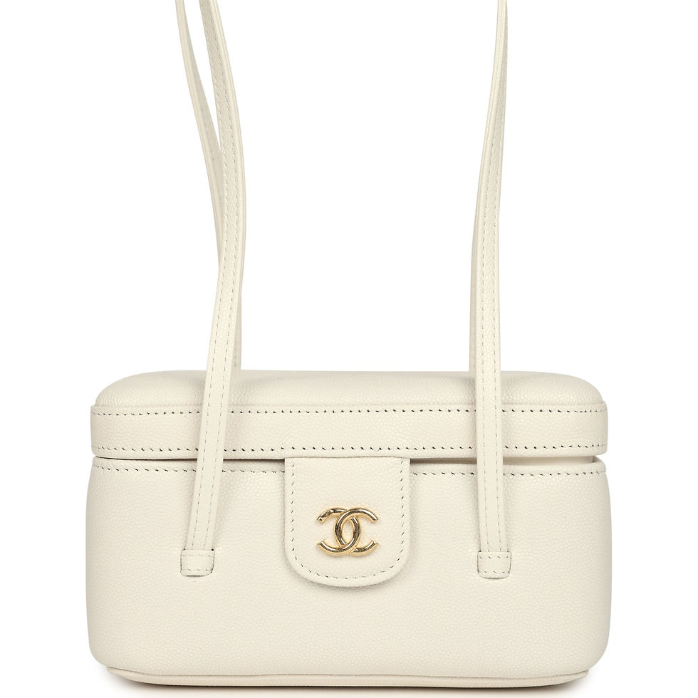 Front view of the Chanel Preppy Coco vanity case in white caviar with adjustable leather straps