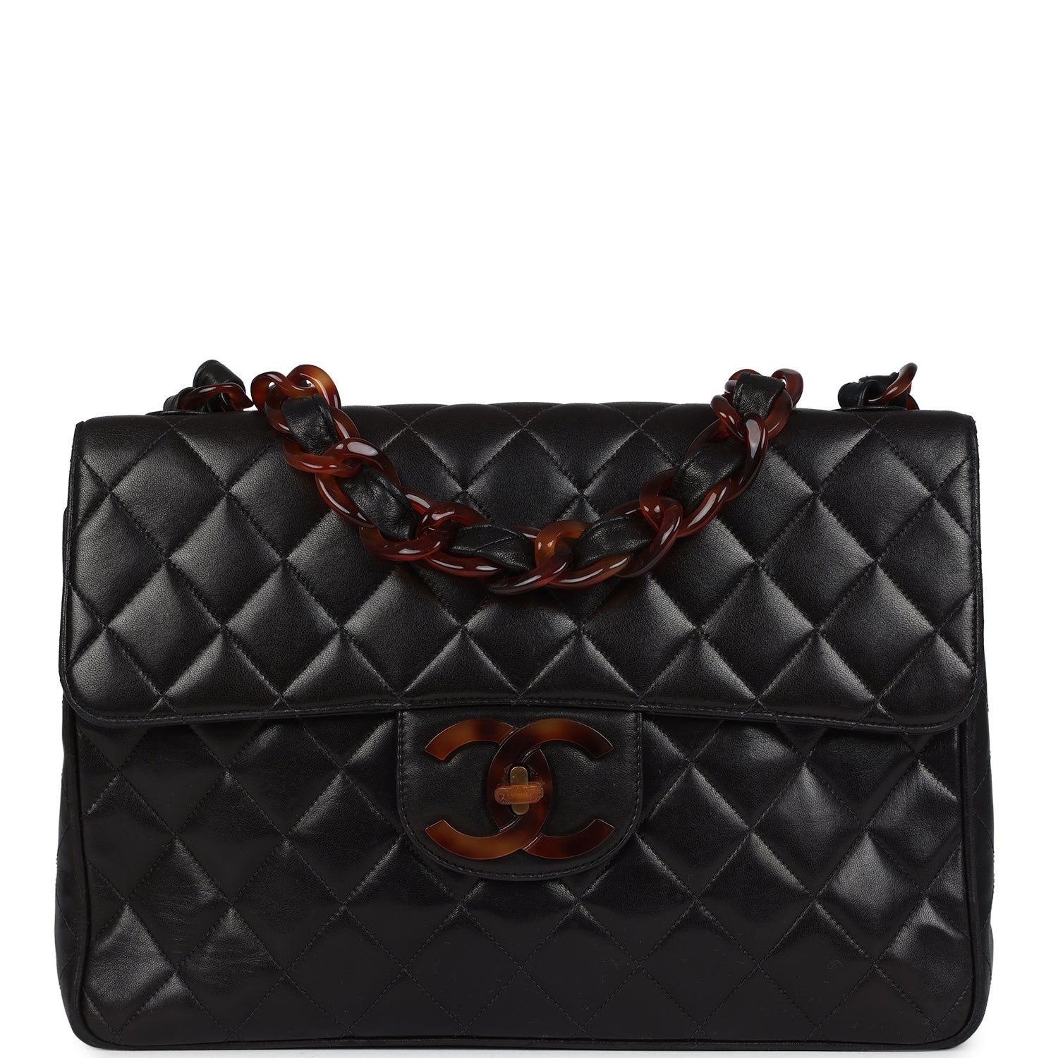Front view of the black lambskin Jumbo flap with tortoiseshell CC turnlock and chain strap