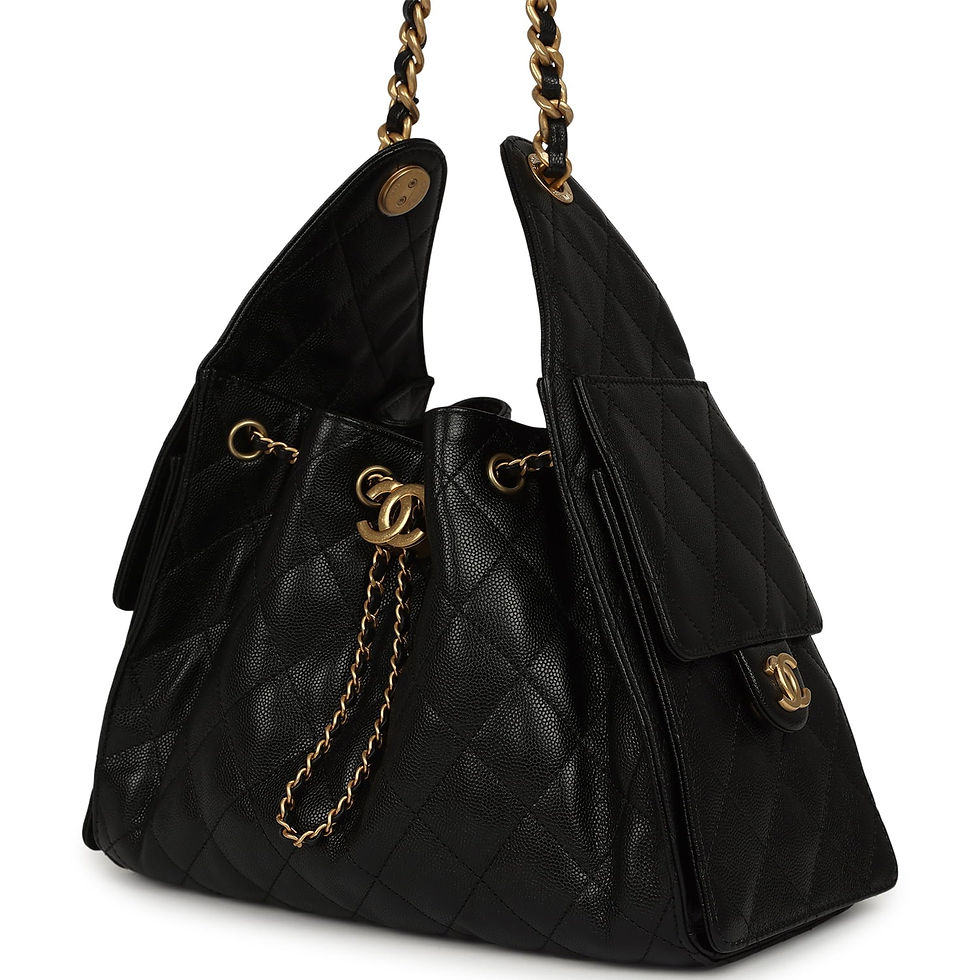 Thumbnail: Angled side view showing the depth and drawstring opening of the black caviar hobo bag