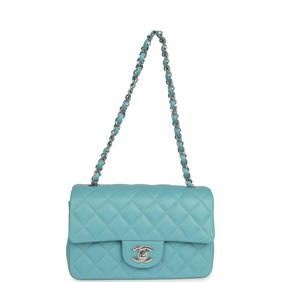 Thumbnail: Light blue lambskin bag shown worn on its full-length silver chain-and-leather strap