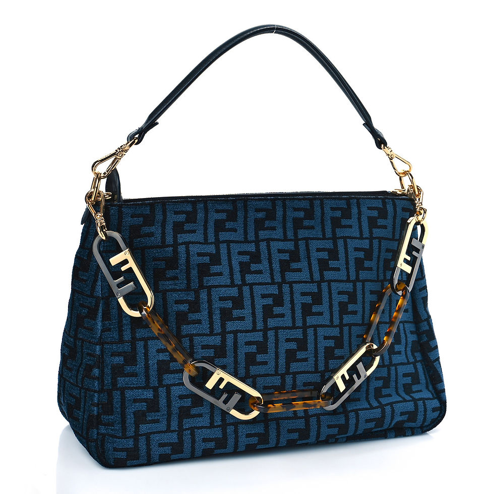 Thumbnail: Angled view of the blue FF chenille Fendi O'Lock bag with chain strap