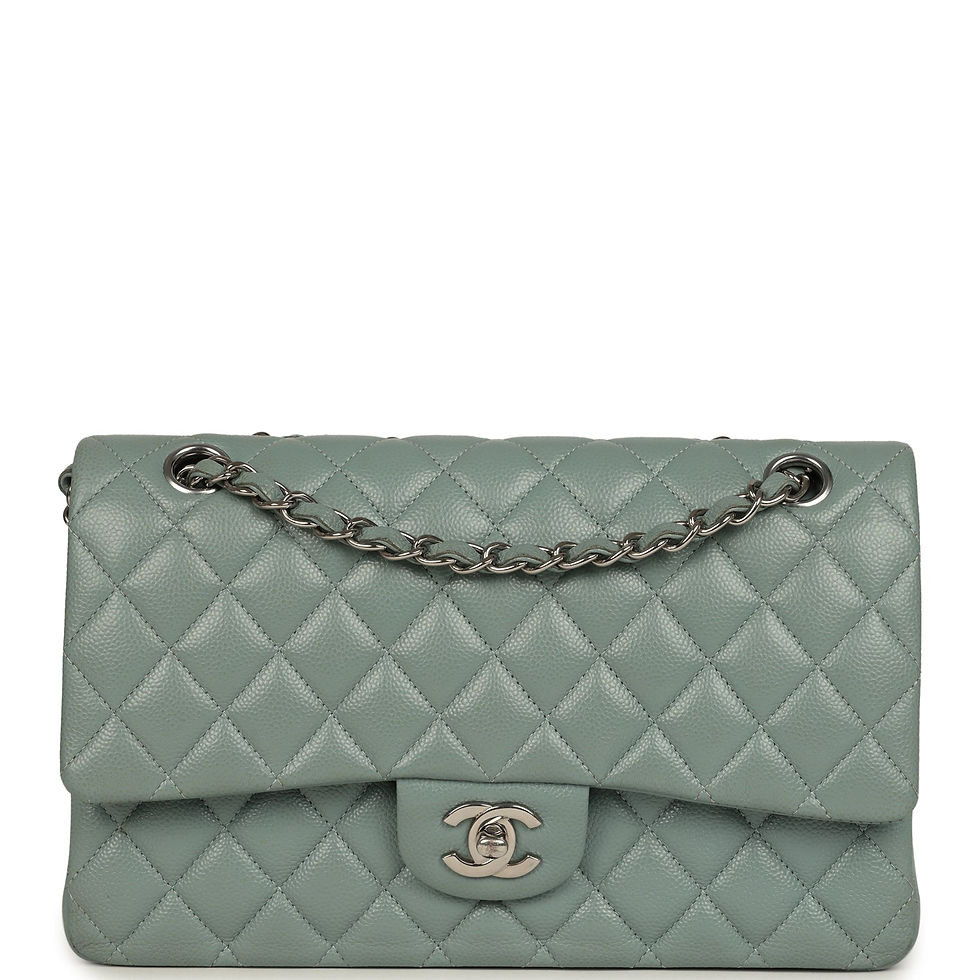 Chanel Medium Classic Double Flap bag in dusty teal caviar leather with silver chain, front view