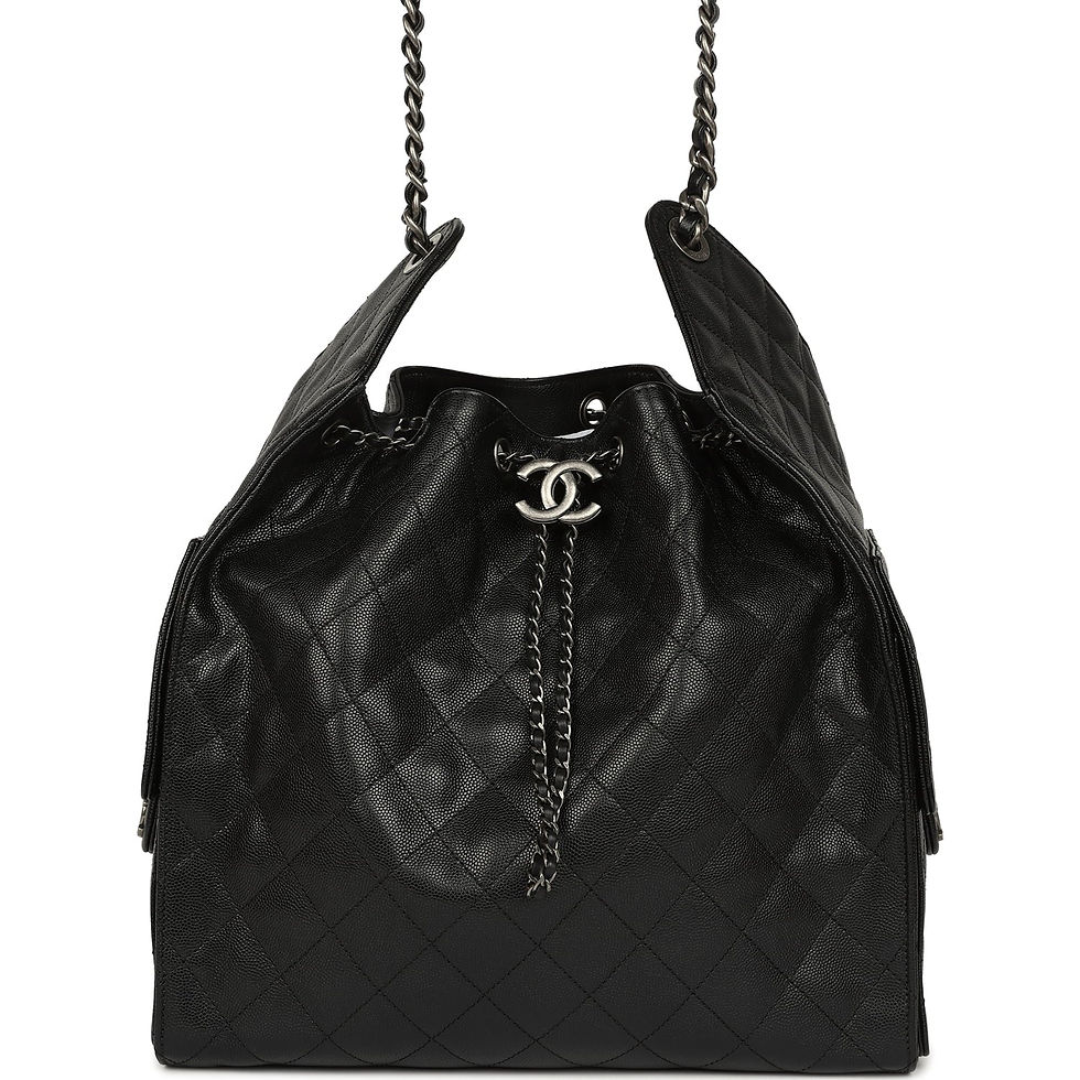 Front view of the black caviar Chanel 25 Medium bag with aged ruthenium hardware