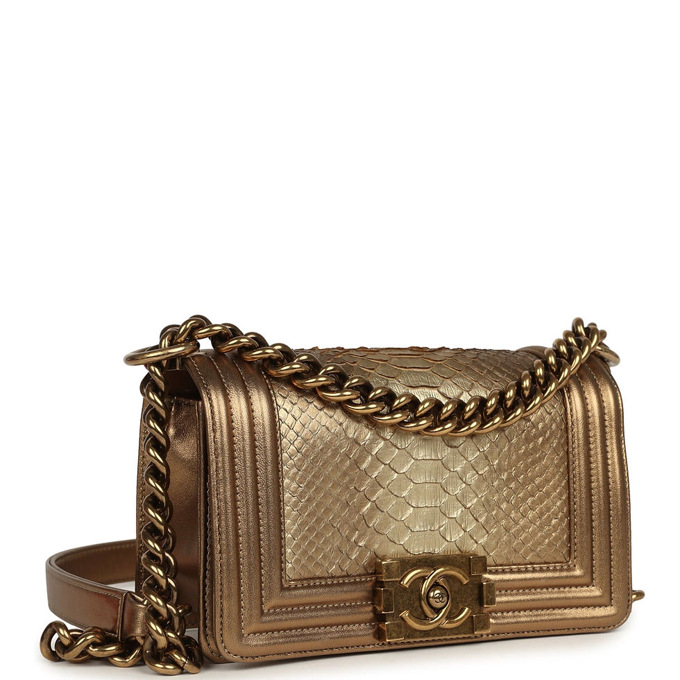 Angled view of the metallic gold python Boy Bag and framed flap