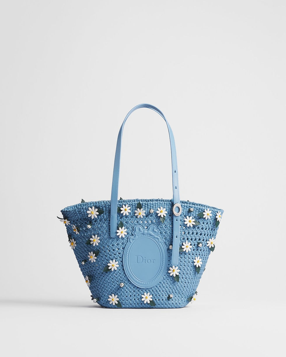 Dior Dioriviera Small Blooming bag in blue woven Cannage calfskin with flowers – front view