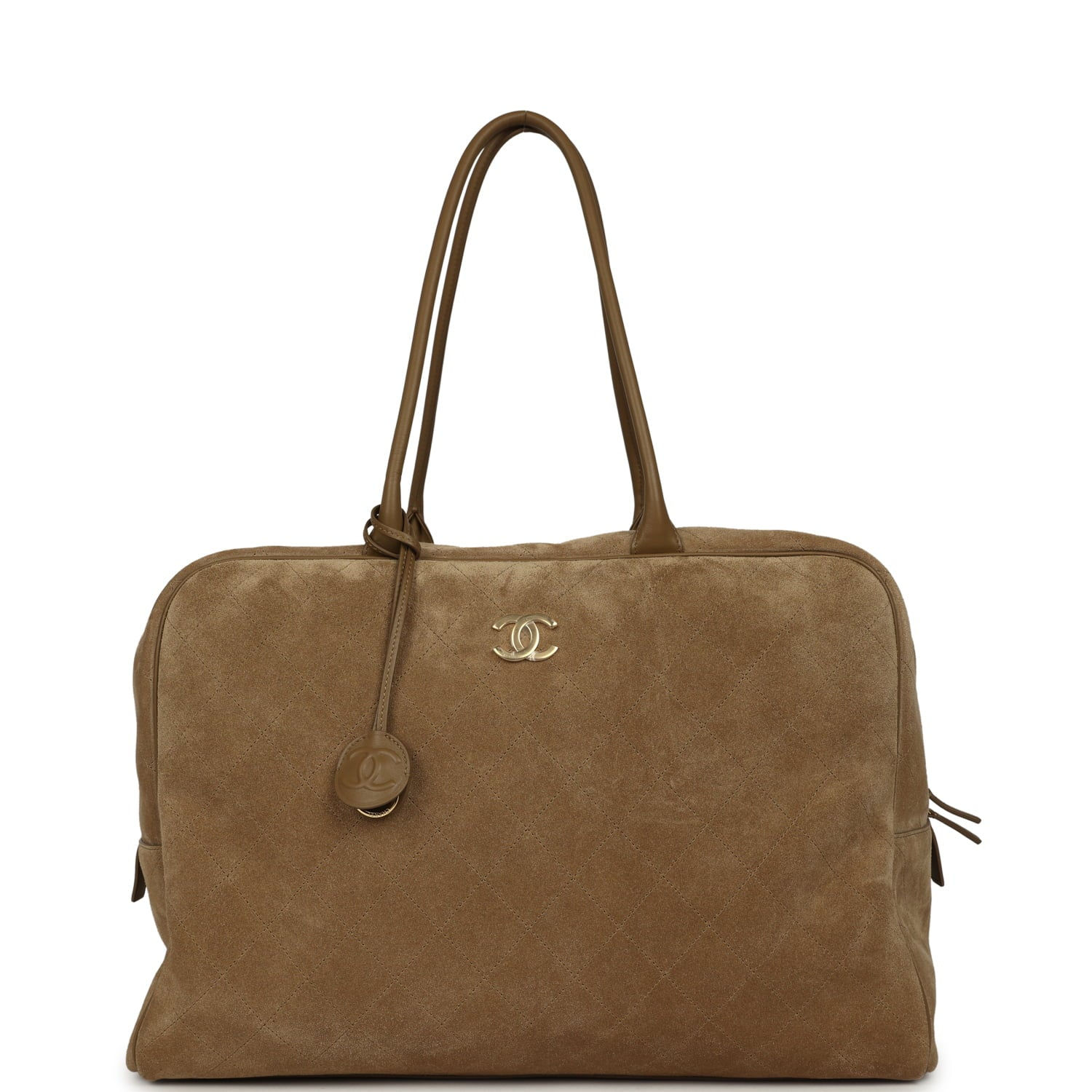 Front view of the Chanel Maxi Perfect Bowling bag in dark beige suede with gold CC clasp