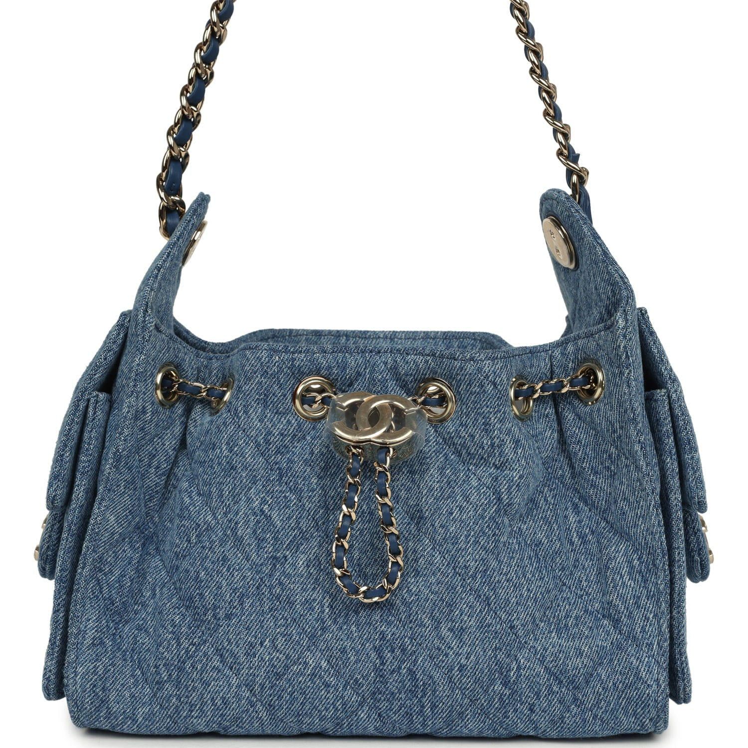 Chanel 25 Mini hobo bag in blue washed denim with light gold-tone chain straps