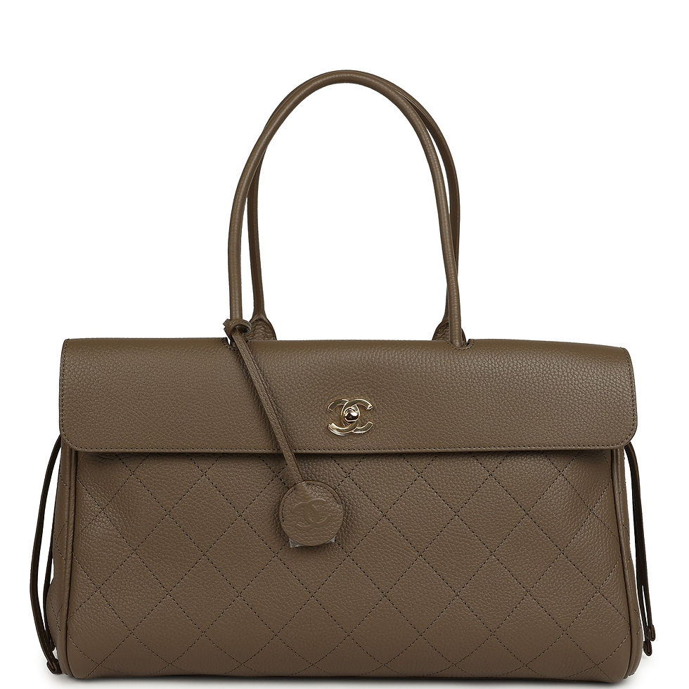 Chanel Large Urban Essential Shopping Tote in khaki caviar leather, shown front-facing with gold hardware