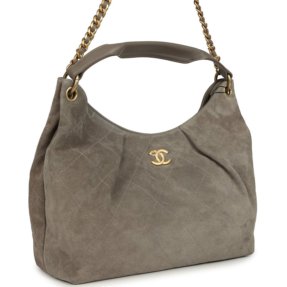 Angled view showing the hobo's leather-topped handle and interwoven chain strap