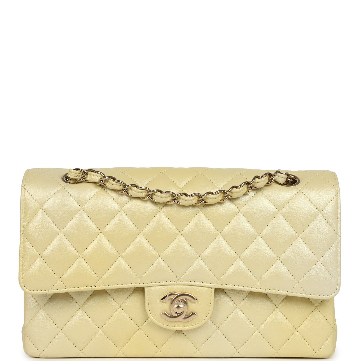 Chanel Medium Classic Double Flap bag in pearly yellow goatskin with gold chain, front view