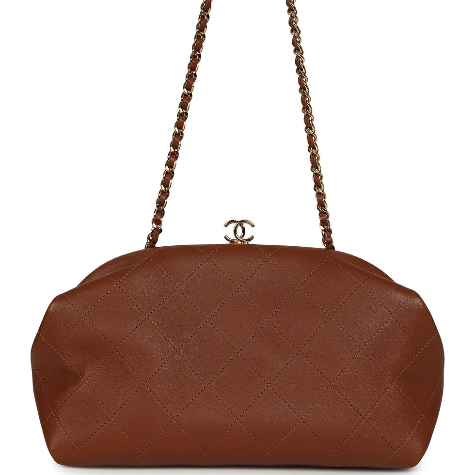 Chanel small quilted clutch bag in camel lambskin with gold chain strap, front view