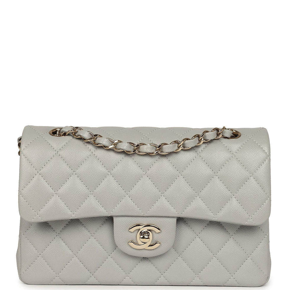 Chanel Small Classic Double Flap bag in grey caviar leather, front view with light gold-tone chain strap