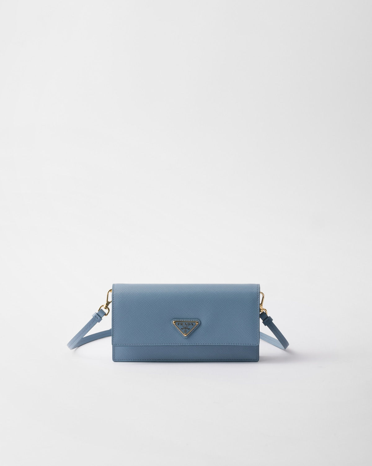 Prada mini bag with triangle logo in astral blue Saffiano leather – front view