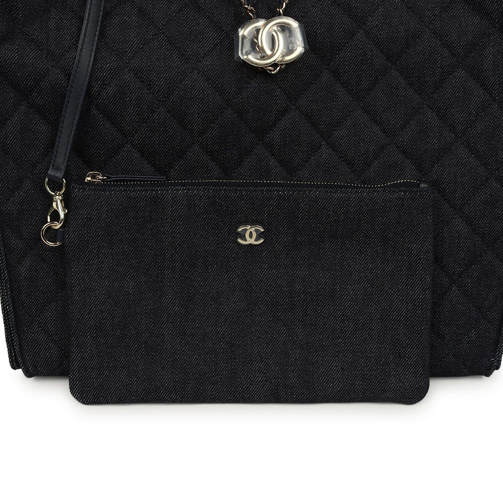 Thumbnail: Dark denim removable zipped pouch displayed against the quilted front of the bag