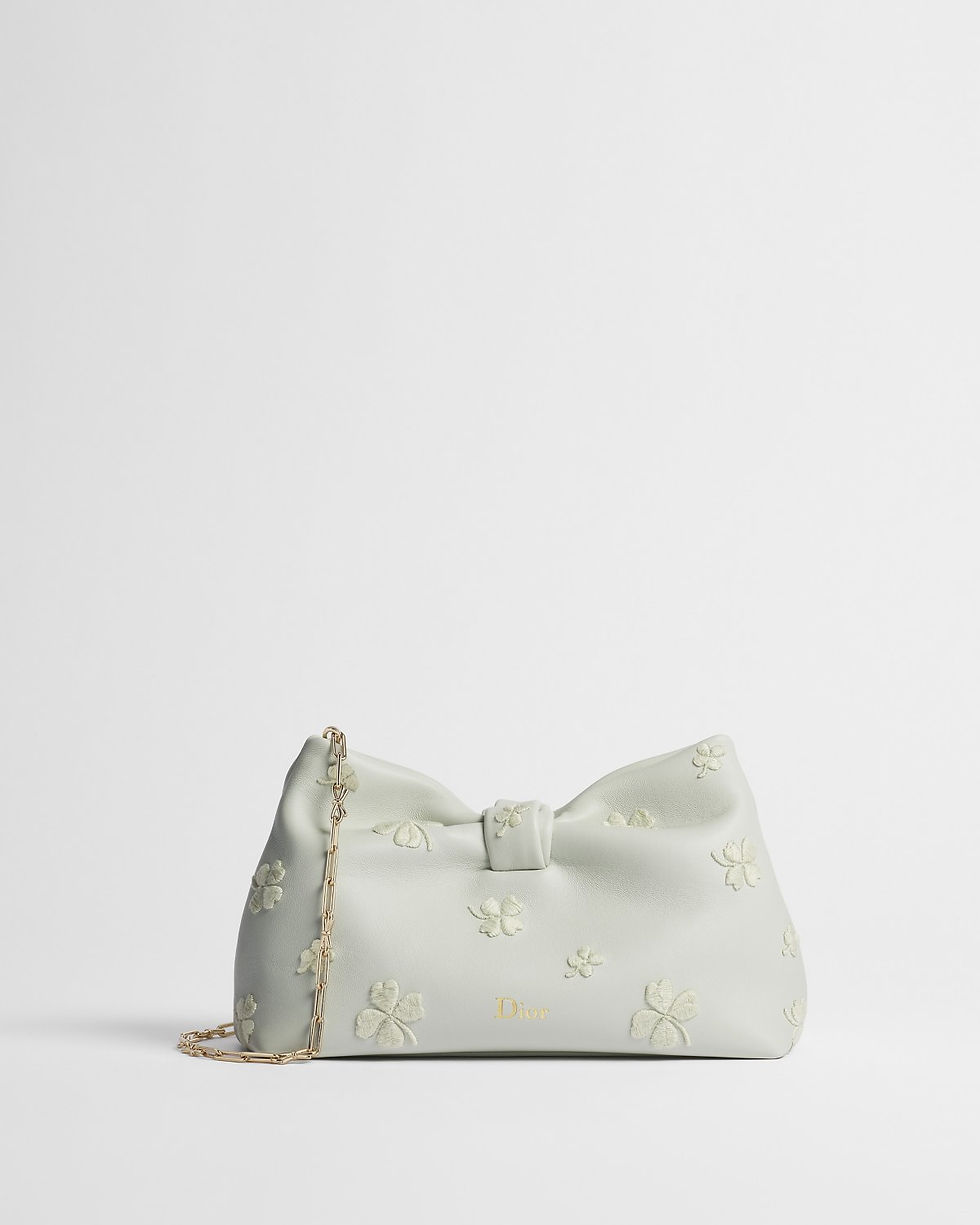 Dior Small Bow Bag in Green Lambskin with Embroidered Dior Clover Motif – front view