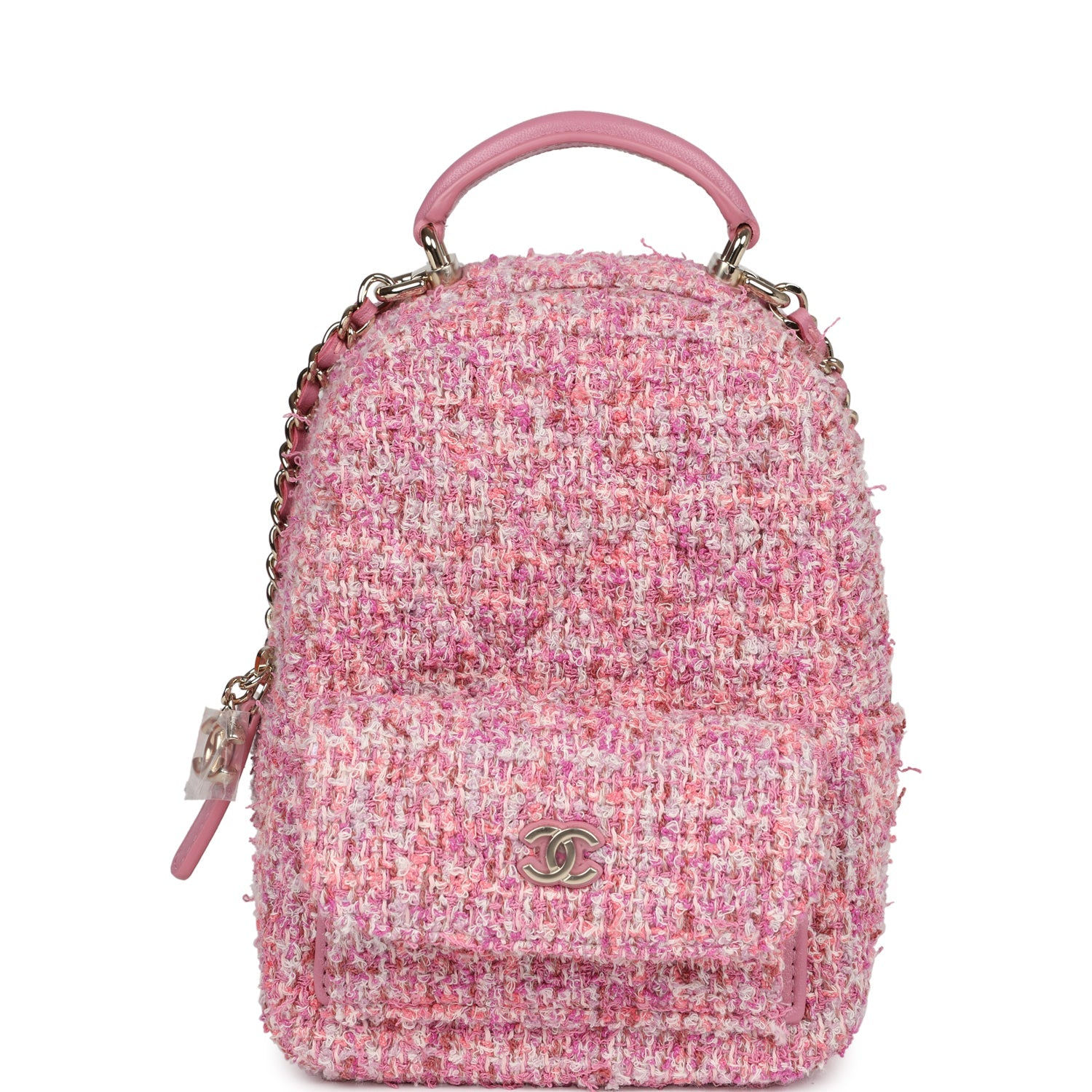 Chanel Mini Phone Holder Backpack in pink multicolour tweed, front view with top handle