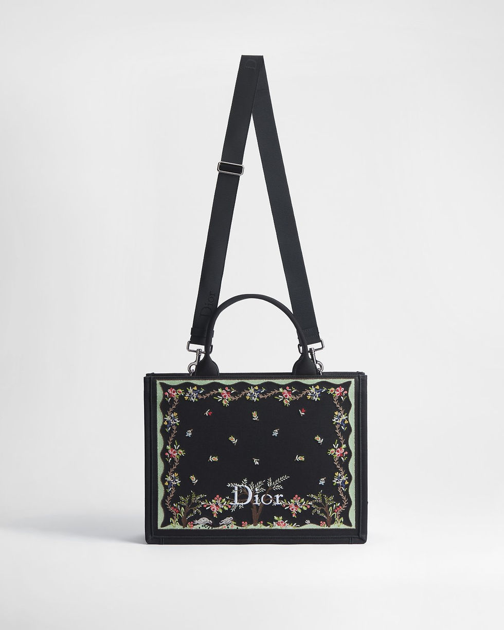 Dior Dioramour Medium Book Tote in black with Revolution Flowers embroidery – view 2