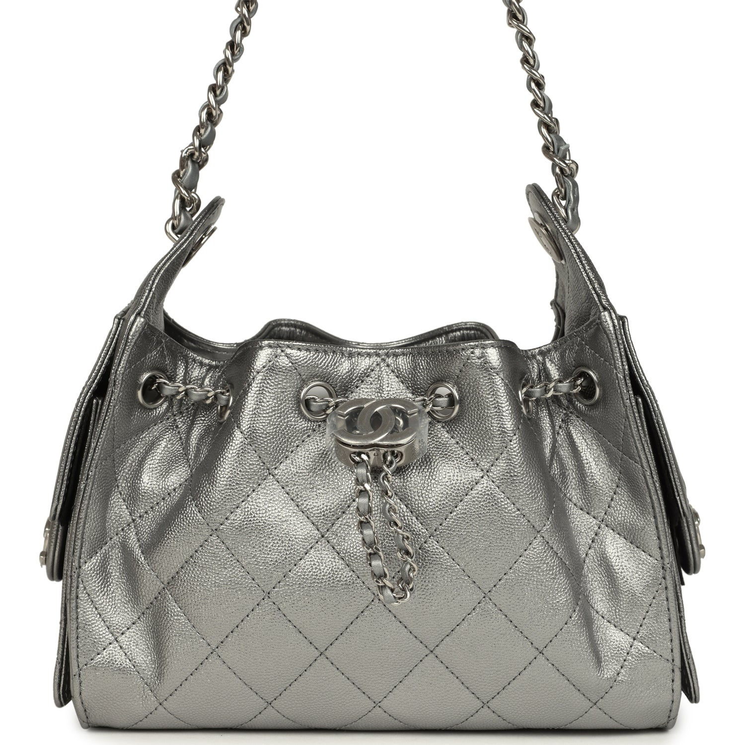 Chanel 25 Mini hobo bag in anthracite metallic caviar leather with silver-tone chain straps