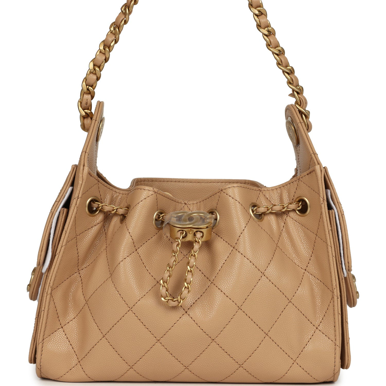 Chanel 25 Mini hobo bag in beige caviar leather with gold-tone chain straps and plastic on the turnlock
