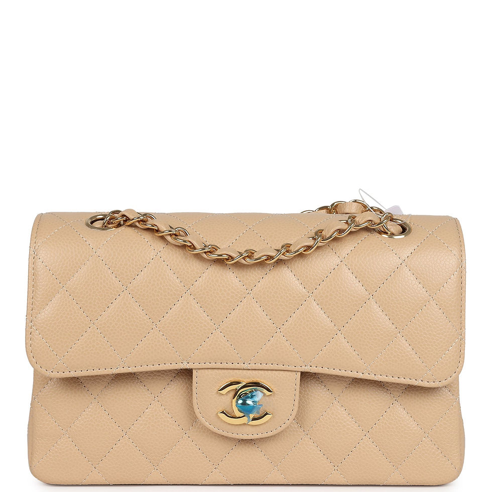 Chanel Small Classic Double Flap bag in beige caviar leather, front view with protective plastic on CC turnlock