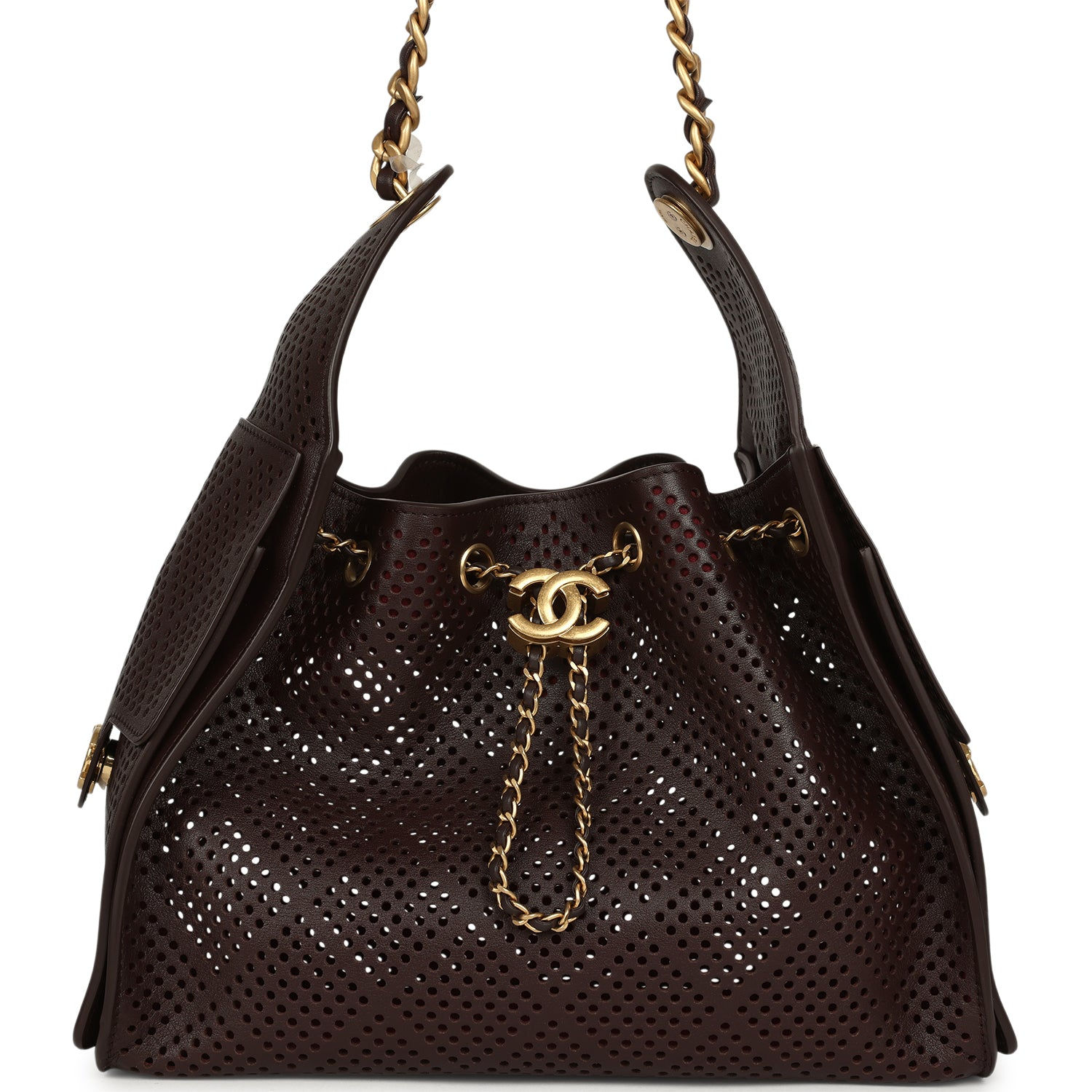 Chanel Small 25 Hobo Bag in dark brown perforated calfskin, front view with drawstring and gold CC turnlock