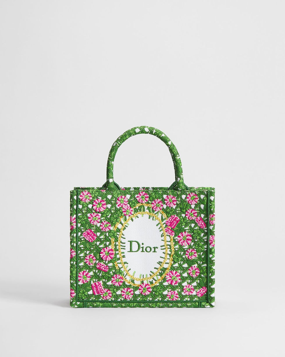 Dior Dioriviera Small Book Tote with strap in green Cannage Garden weave – front view