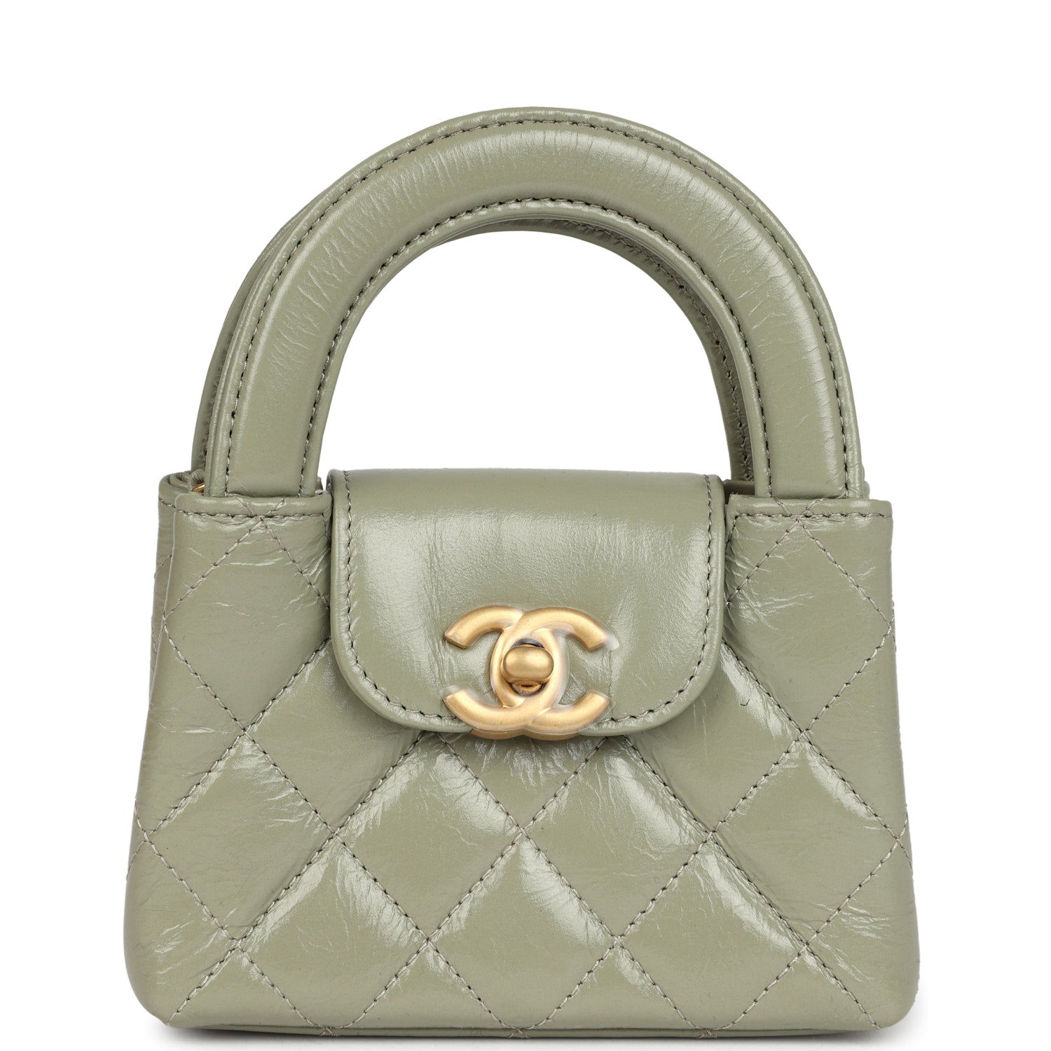 Chanel Nano Kelly Shopper in khaki shiny aged calfskin with its rounded top handle